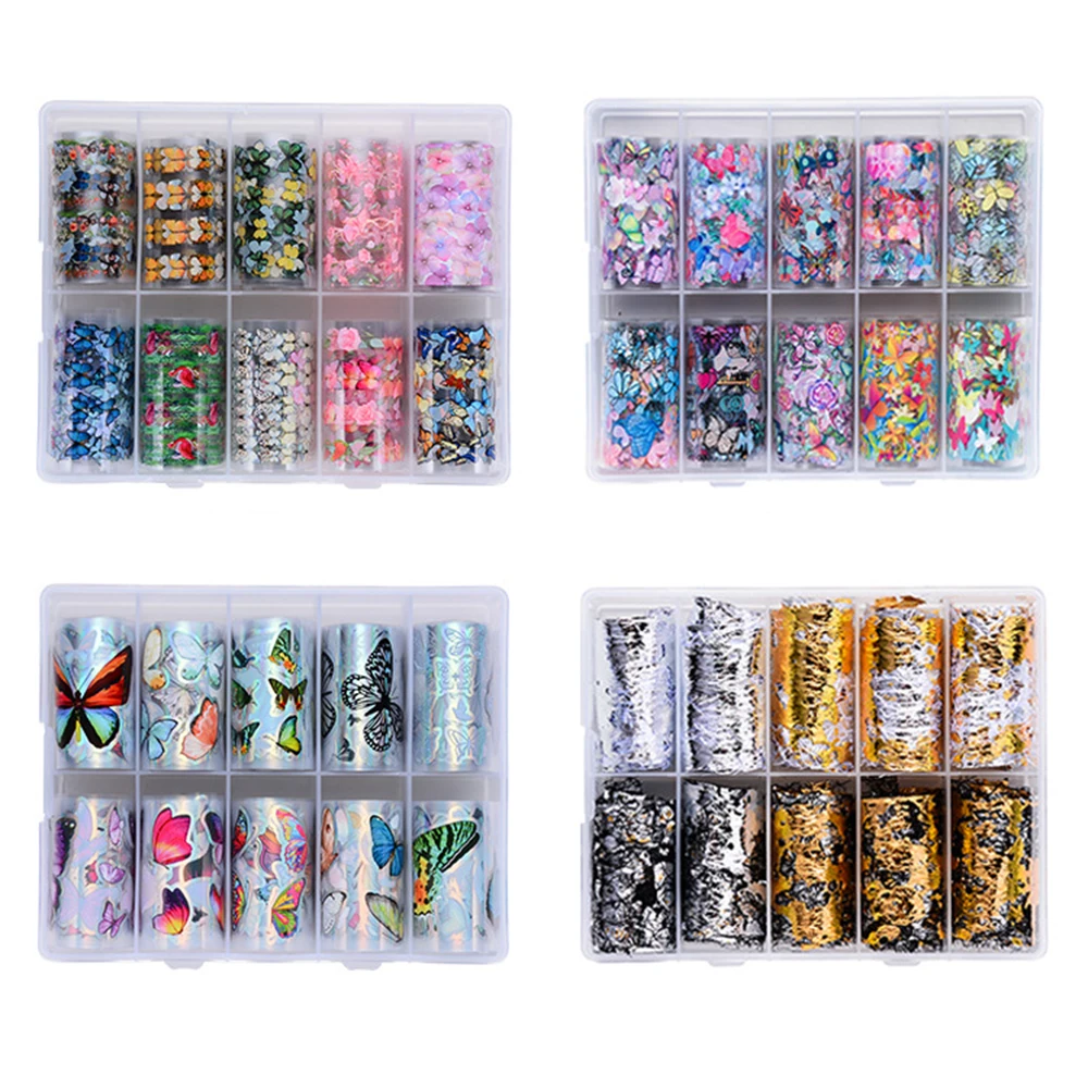 

10pcs 4*100cm Nail Art Transfer Foil Sticker Starry Butterfly Print Series Suit Nail Stickers Decals Nail Decoration Accessories
