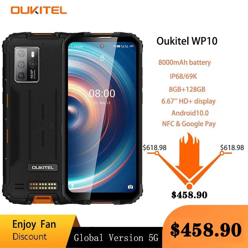 

Oukitel WP10 5G 8GB 128GB Rugged Smartphone 8000mAh 6.67'' NFC Quad Core Android10 Mobile Phone MT6762D 48M Camera Cell Phone