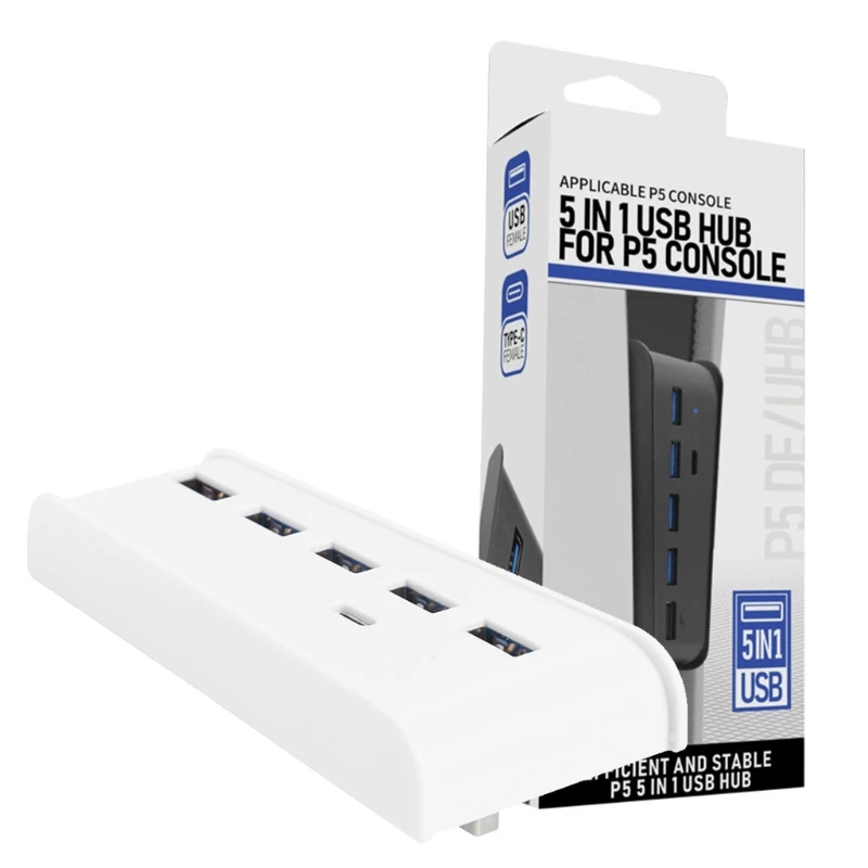

For PS5 6 in 1 USB Hub USB Splitter Expander Hub Adapter with 5 USB A + 1 USB C Ports for PS5 Console T21A