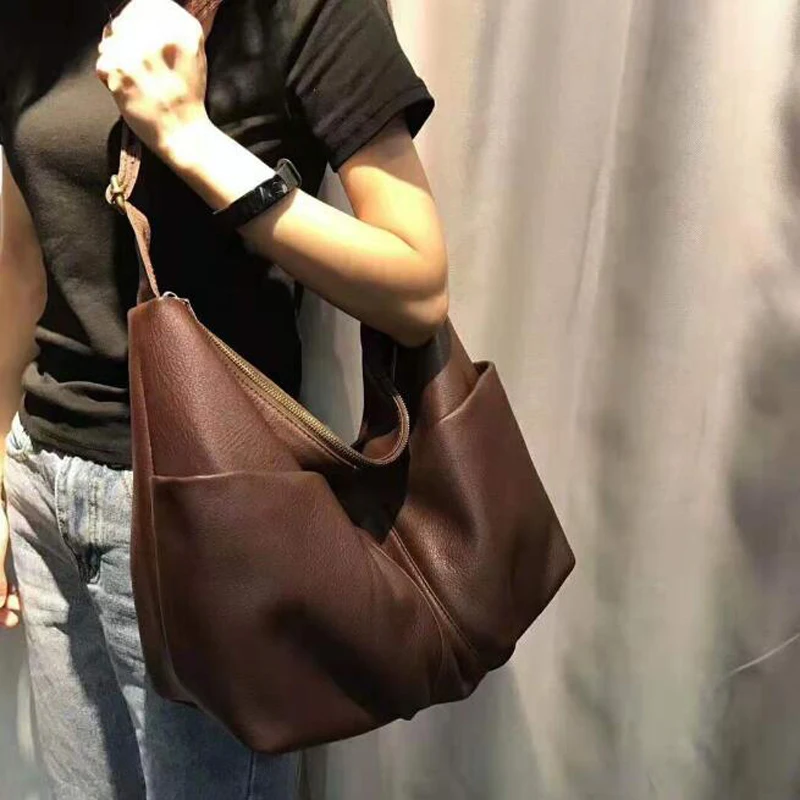 NIUBOA Genuine Leather Shoulder Bags 100% Natural Cowhide Tote Women Bag Purse Big Casual Satchel Top Quality Multi Pockets Bags