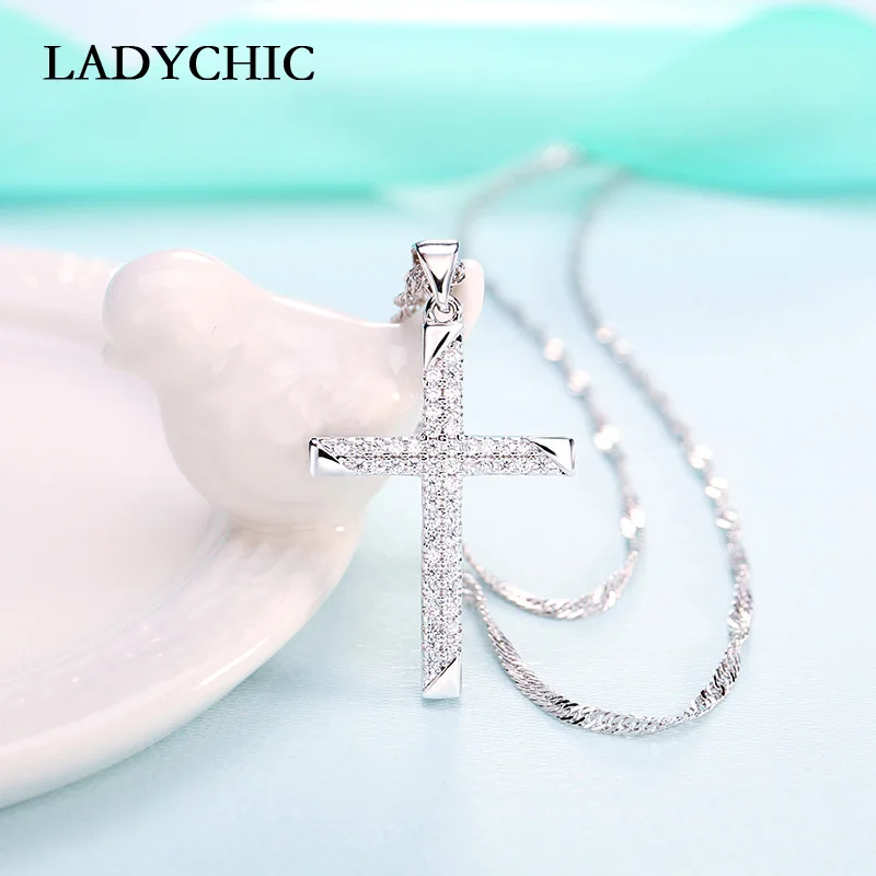 LADYCHIC классический серебристый цвет крест кулон ожерелья с камнями AAA циркон христианский крест Иисуса ювелирные изделия подарок LN1109