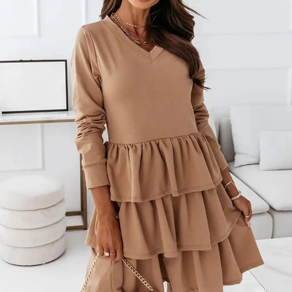 

Повседневное однотонное мини-платье с V-образным вырезом, Женская туника с длинным рукавом и оборками на подоле, уличное платье, модное ТРАП...