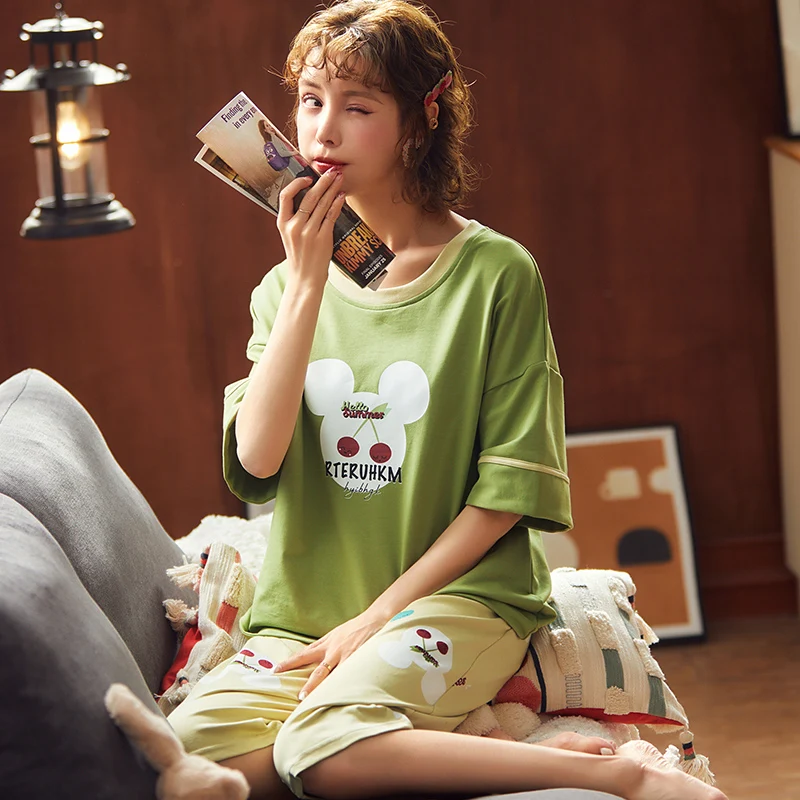 

Хлопковая Милая Пижама с героями мультфильмов, Повседневная летняя ночная рубашка с коротким рукавом, домашняя одежда большого размера, мо...