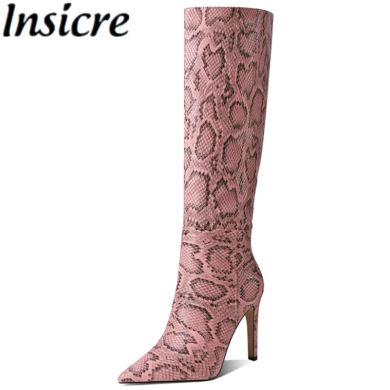 

Insicre Women Boots 2021 Winter Classics High Heel Shoes Pointed Toe Snake Print Big Size 43 Knee High Thin Heel 10 cm