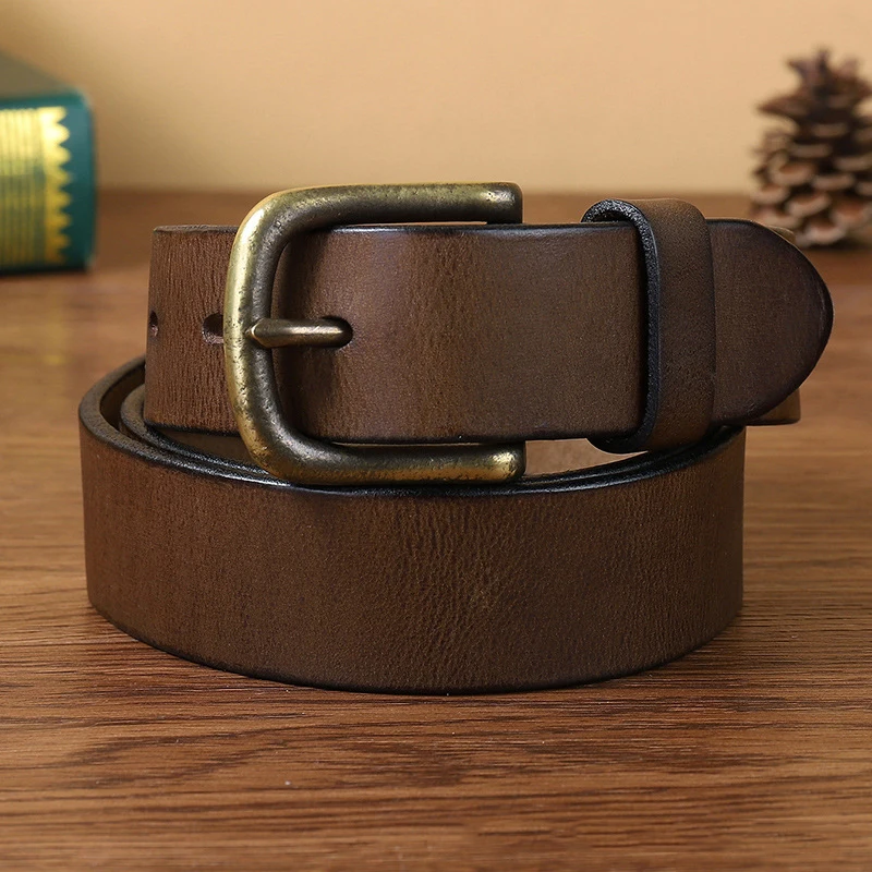 Retro Cowboy Jeans Leather Belt Men Cowskin Vintage Brass Pin Buckle Genuine Leather Belt For Men Long Waist Belt