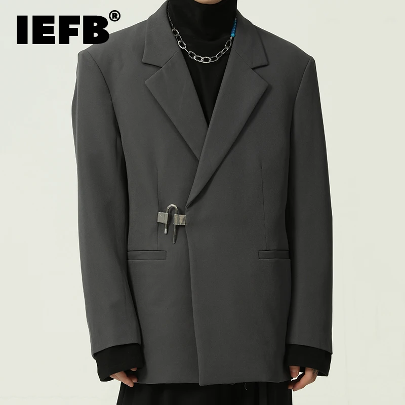 

IEFB Menswear Korean Fashion Metal Lock Design Blazer Men's Spring Winter 2022 New Long Sleeve Grey Black Suit Jacket Male Tide