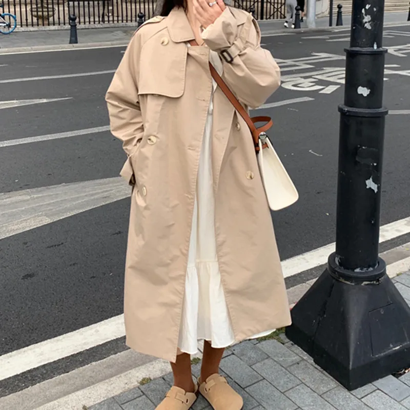 Sungtin корейский длинный Тренч большого размера женский с поясом Двубортный