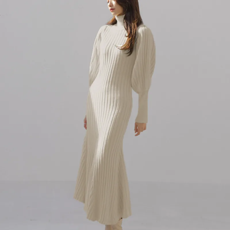 

High Quality New Fall Winter Thick Mermaid Knitted Sweater Dress Korean Elegant Lantern Sleeve Slim Long Maxi Dresses Robe Pull