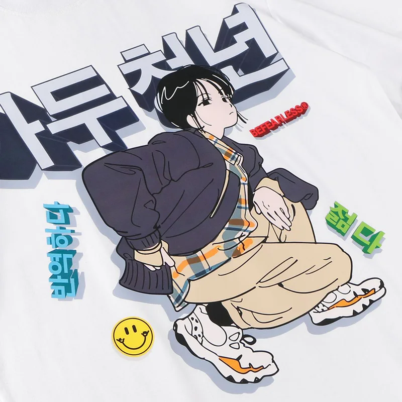

JING ZHE Harajuku Anime Manga Korean Girl Print T-shirt Men Summer Fashion High Street College Style Tee Tops Couple Streetwear