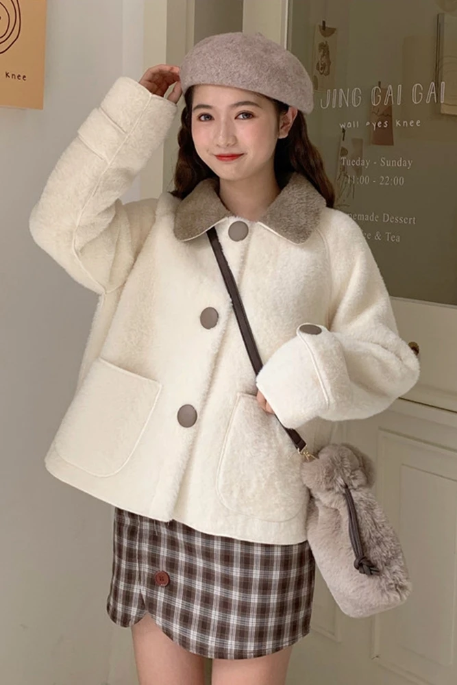 

Thickened Fleece Coat Women's Autumn and Winter All-Matching Long Sleeve Short Temperamental Cute Japanese Style Cardigan