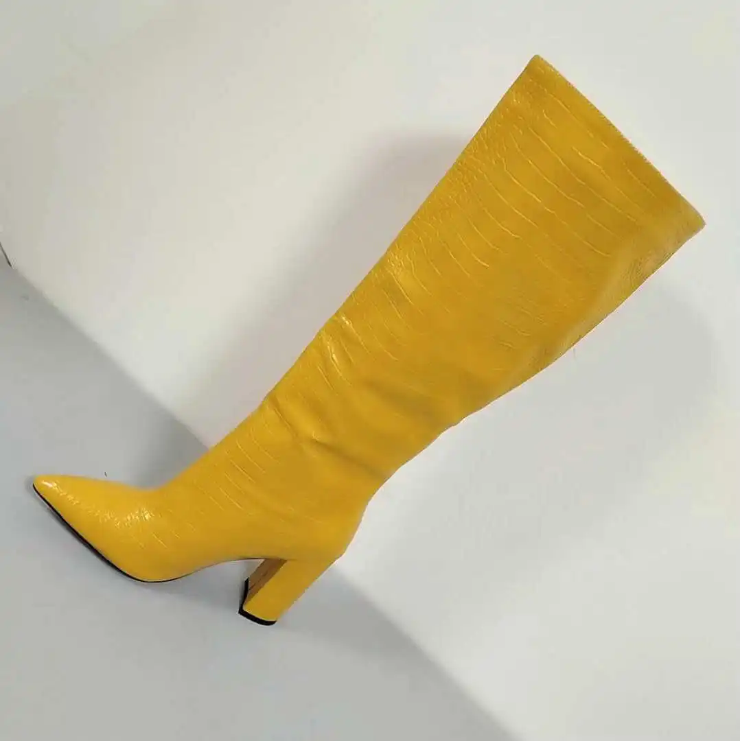 

Winter For Woman New Fashion Sexy Consice Pure color Pointed toe Yellow New Block heels Chunky Heels Knee high boots 34-43