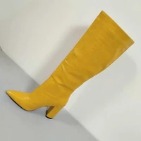 winter for woman new fashion sexy consice pure color pointed toe yellow new block heels chunky heels knee high boots 34 43