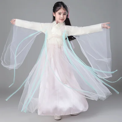 

Children Costume Hanfu Chinese Style Woman Girl New Year Performance Dance Dress Ancient Fairy White Shallow Same Costume Summer