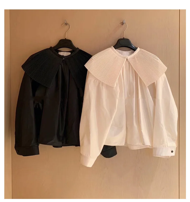 

Street Style Long-Sleeved Shirt for Women 2021 Spring New Pleated Sailor Collar Loose Big Hem White Blouses Ladies Blusas Top