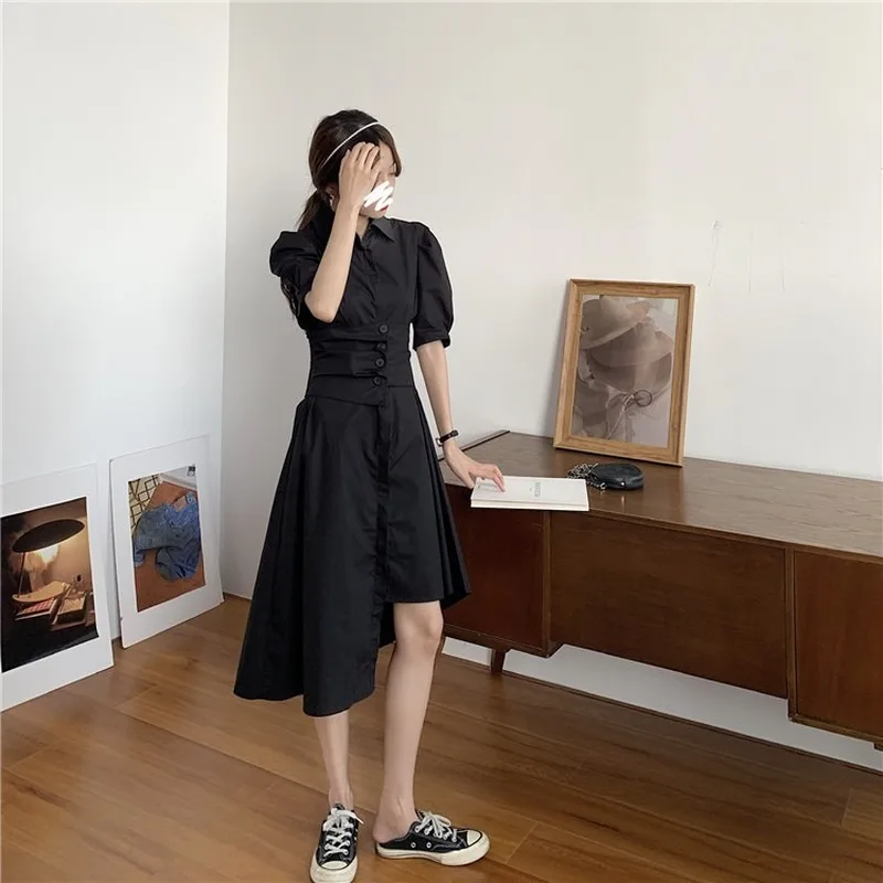 

GOOHOJIO Woman Dresses Summer Solid Korean Style Midi Shirt Dresses Puff Sleeve Vestidos Ropa De Mujer Robe Irregular Dresses