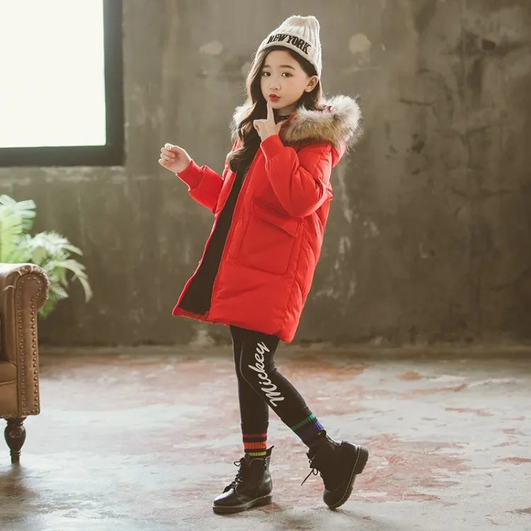 Fashion Children Winter Down Cotton Jacket Girl Clothing Kids Clothes Warm Thick Parka Fur Collar Hooded Long Coats Outfits