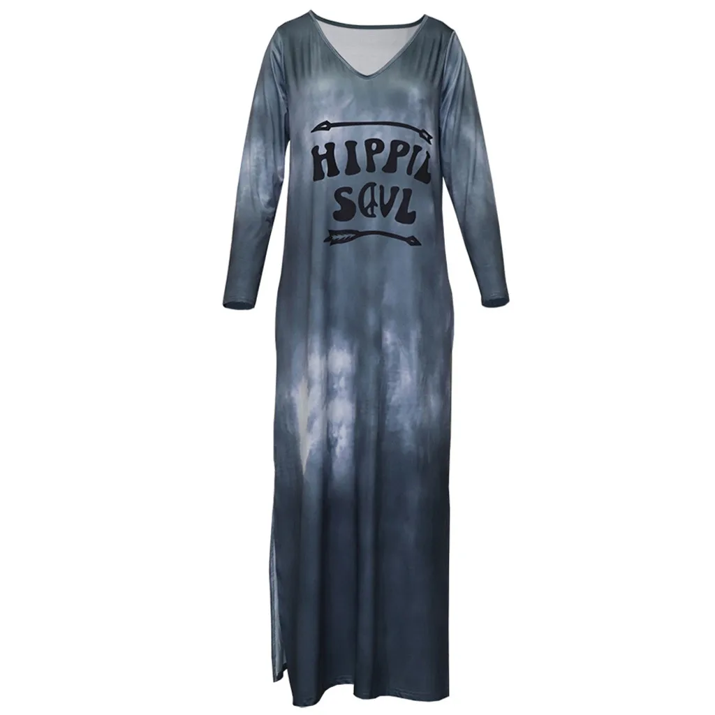 Tie Dye длинное платье для женщин хиппи душа печати о-образным вырезом свободного покроя с длинным рукавом рубашка макси платья размера плюс сплит винтажное платье