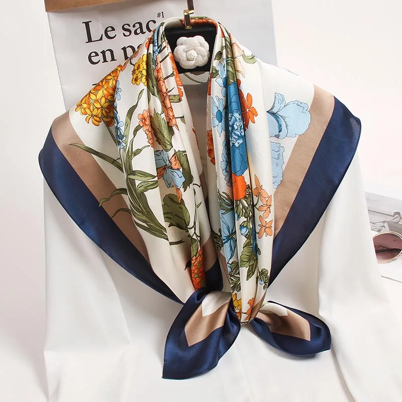 

100% Pure Silk Square Scarves for Women Silk Bandana Kerchief Print Headscarf Nature Silk Scarf Flowers Neckscarf 88x88cm