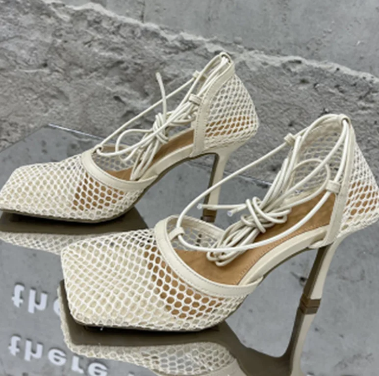 

2021 Sexy Hollow Out Mesh Women Pumps Lace-Up Sandals Female Square Toe High Heel Summer Fashion Ankle Strap Party Dress Shoes