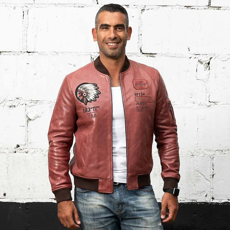 

DHL free shipping Male Genuine Leather Jacket Character Embroidery Thick Goatskin Air Force Slim Fit Vintage A1 Pilot Jackets