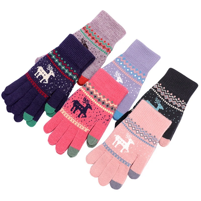 

6 Pairs Women's Cute Elk Deer Snowflake Knitted Gloves Winter Protective Warm Gloves Press Sn Gloves Christmas Gifts