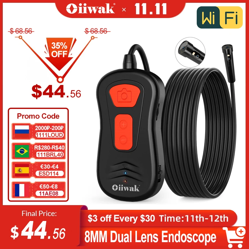 

Oiiwak 8 мм двойной объектив эндоскоп WiFi беспроводной Бороскоп Инспекции Змея камера IP67 3X зум змея камера для iPhone Android