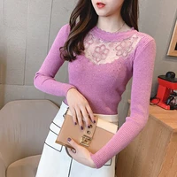 sexy lace women full sleeve diamond sweater 2021 new knitted elasticity purple pullovers autumn hollow out o neck jumpers ladies