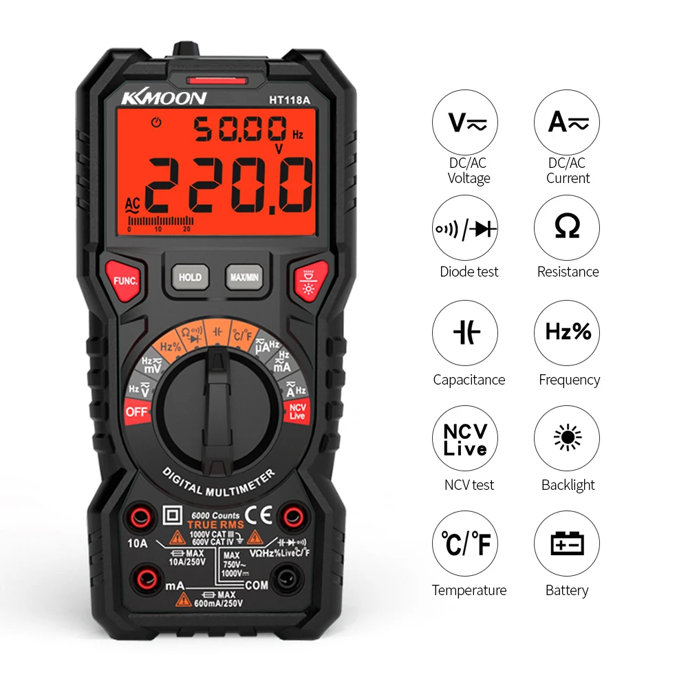 

HT118A Multifunctional Digital Multimeter 6000 Counts True RMS Measuring Voltage Current Frequency Temperature NCV Test Diode