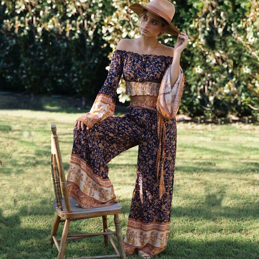 Костюм в стиле бохо TEELYNN укороченный топ с широкими штанинами комплект из 2