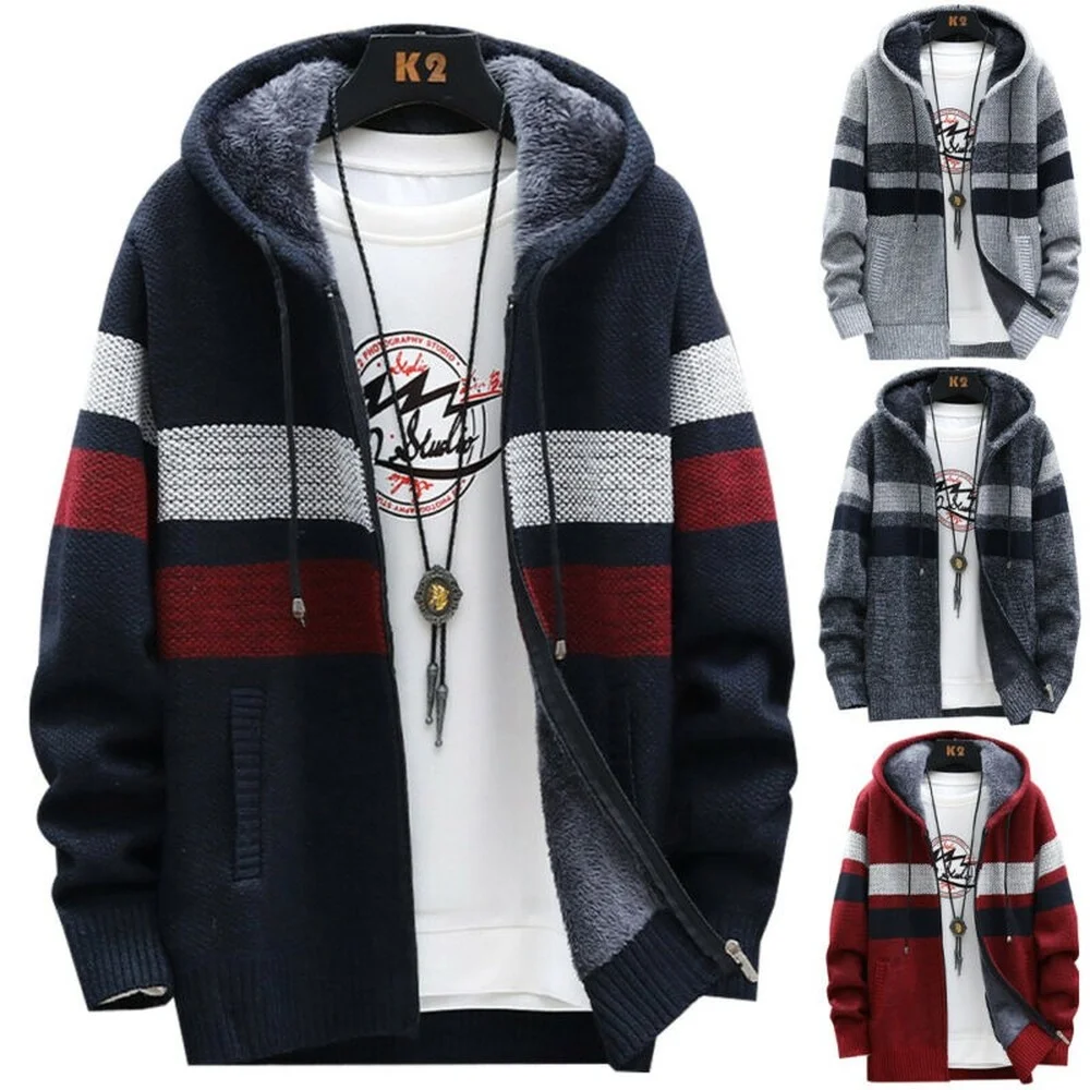 

Men Stripe Warm Fleece Hoodies Coat Casual Zip Hooded Thick Soft Jacket Outwear