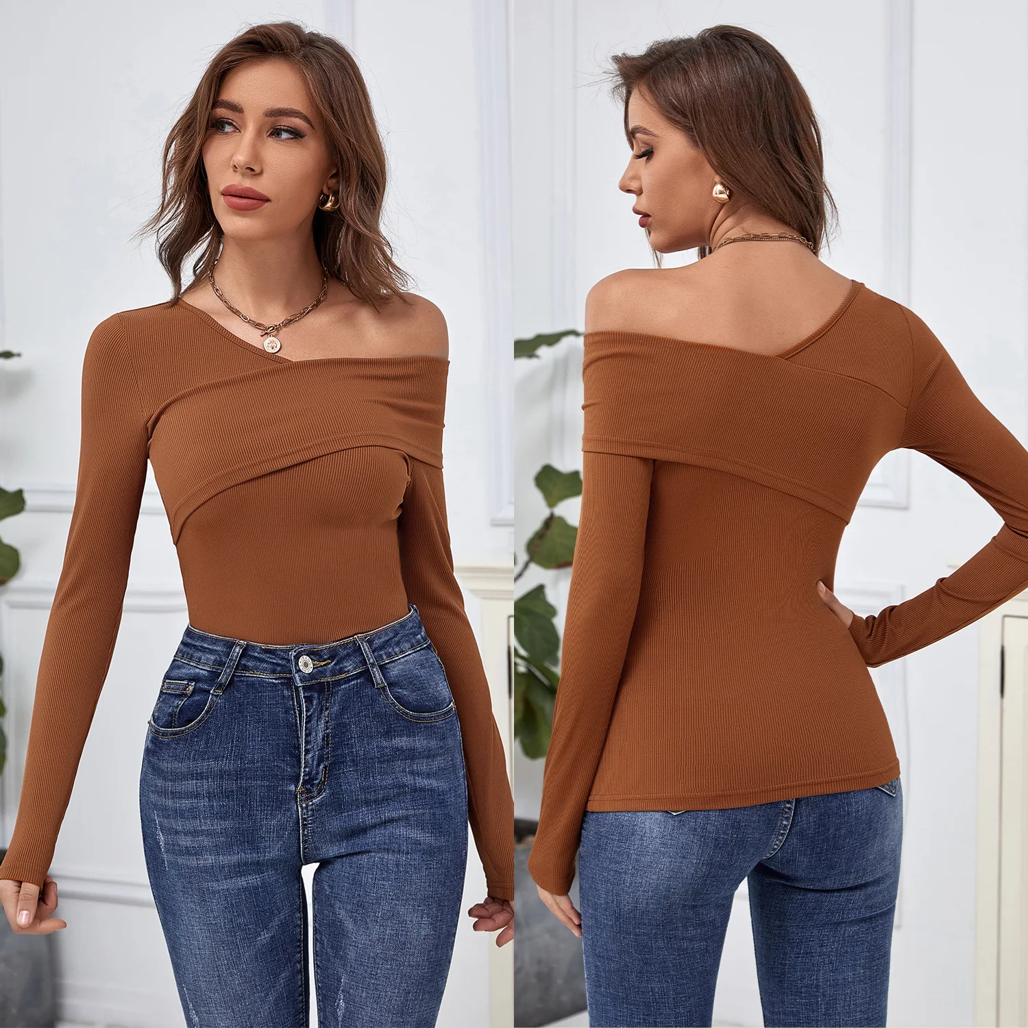 

V-Neck Oblique Shoulder Cross Off Shoulder Skinny Women's Top Fashion Autumn Winter Long Sleeve Pullover Tunics T-Shirt Woman