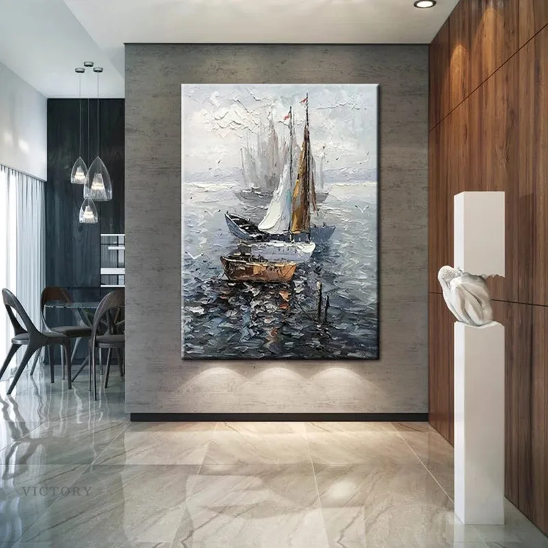 

Картина маслом, нож ручной работы, абстрактный парусный плакат «Лодка», настенное искусство, украшение для дома и офиса, морской пейзаж, печ...
