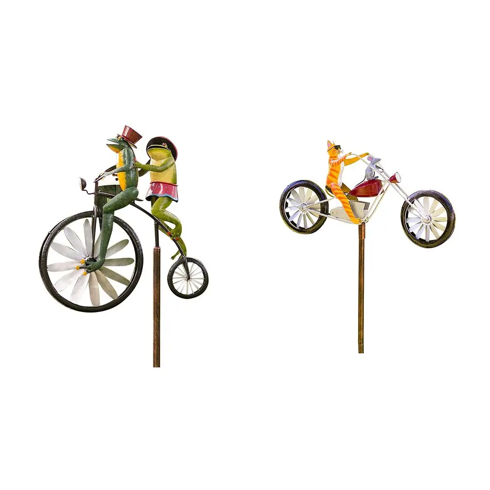 

Bicycle Courtyard Garden Decoration Kikker Cat Rijden Motorfiets Windmolen Outside Windwijzers Dier Vintage Metalen Decorations