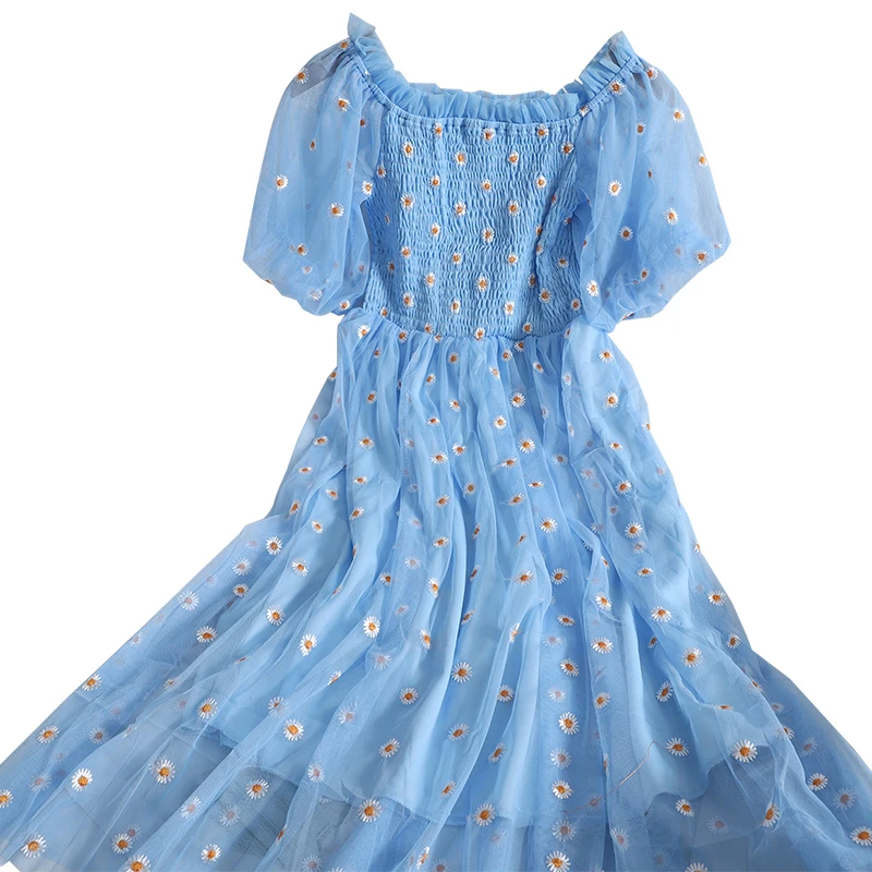 

FMFSSOM 2021 Summer Gauze Flower Chiffon Long Dress Women Mid-Calf Puff Sleeve Elastic Force O-Neck Preppy Style Clothing