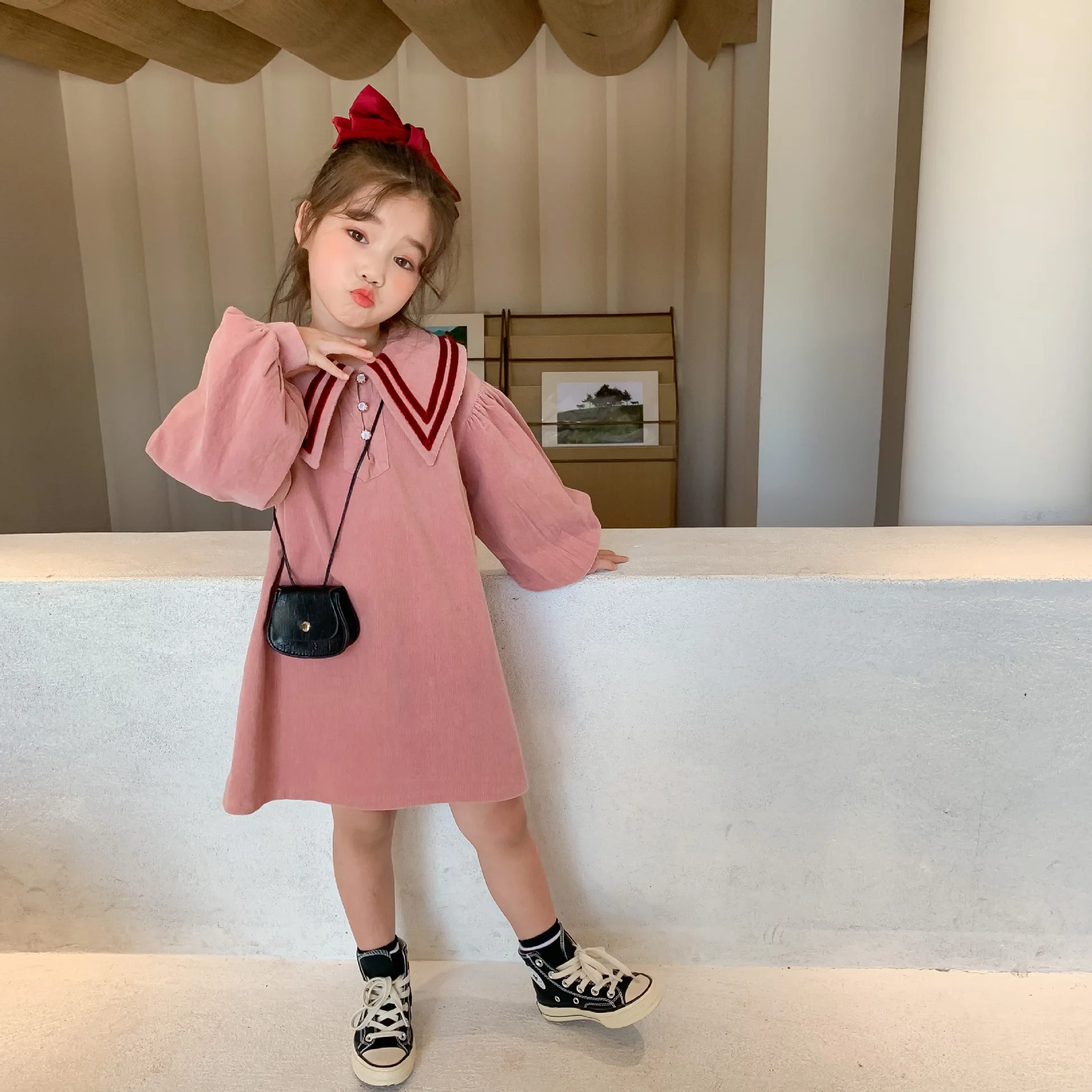 Осеннее Новое Детское вельветовое платье в духе колледжа для девочек осеннее