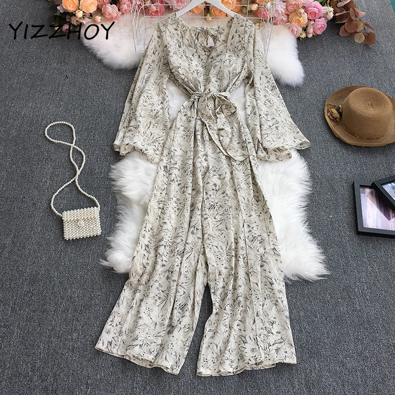 

YIZZHOY Spring Autumn Fashion Long Sleeve Bandage Wide Leg Pants Women Casual Square Collar Printing High Waist Jumpsuit