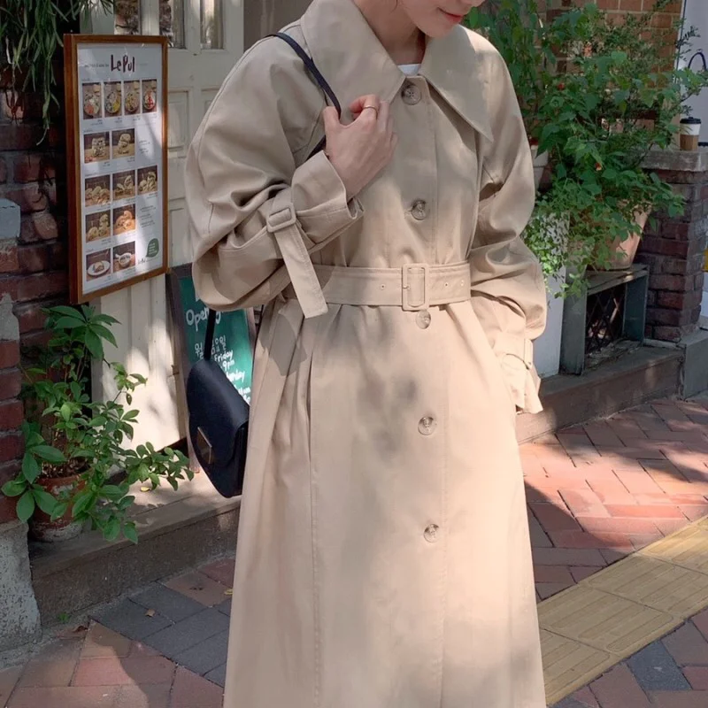 

2021 New Women Spring Vintage Long Trench Coat Jacket with Sashes Single Breasted Windbreakers Overcoat Outerwear Raincoat