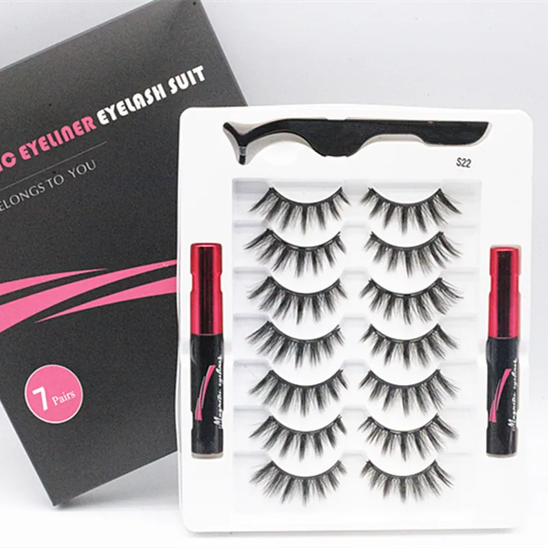 

7 Pairs 3D Magnetic Eyelashes Makeup Sets With 2 Waterproof Eyeliner 1 Tweezers Wholesale 5 Magnet Magnetic Lashes Private Label