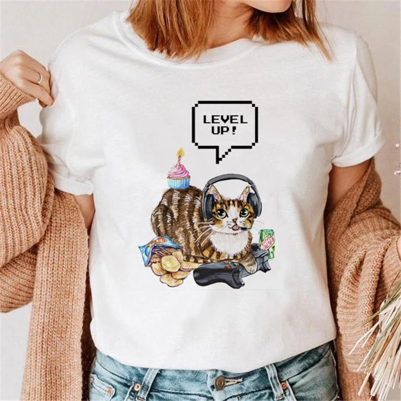 

Cat Lovely Background T-shirt Women Cotton O-neck Casual Short Sleeves Tee Shirt Women Simple Wild Tshirt Women Loose Top
