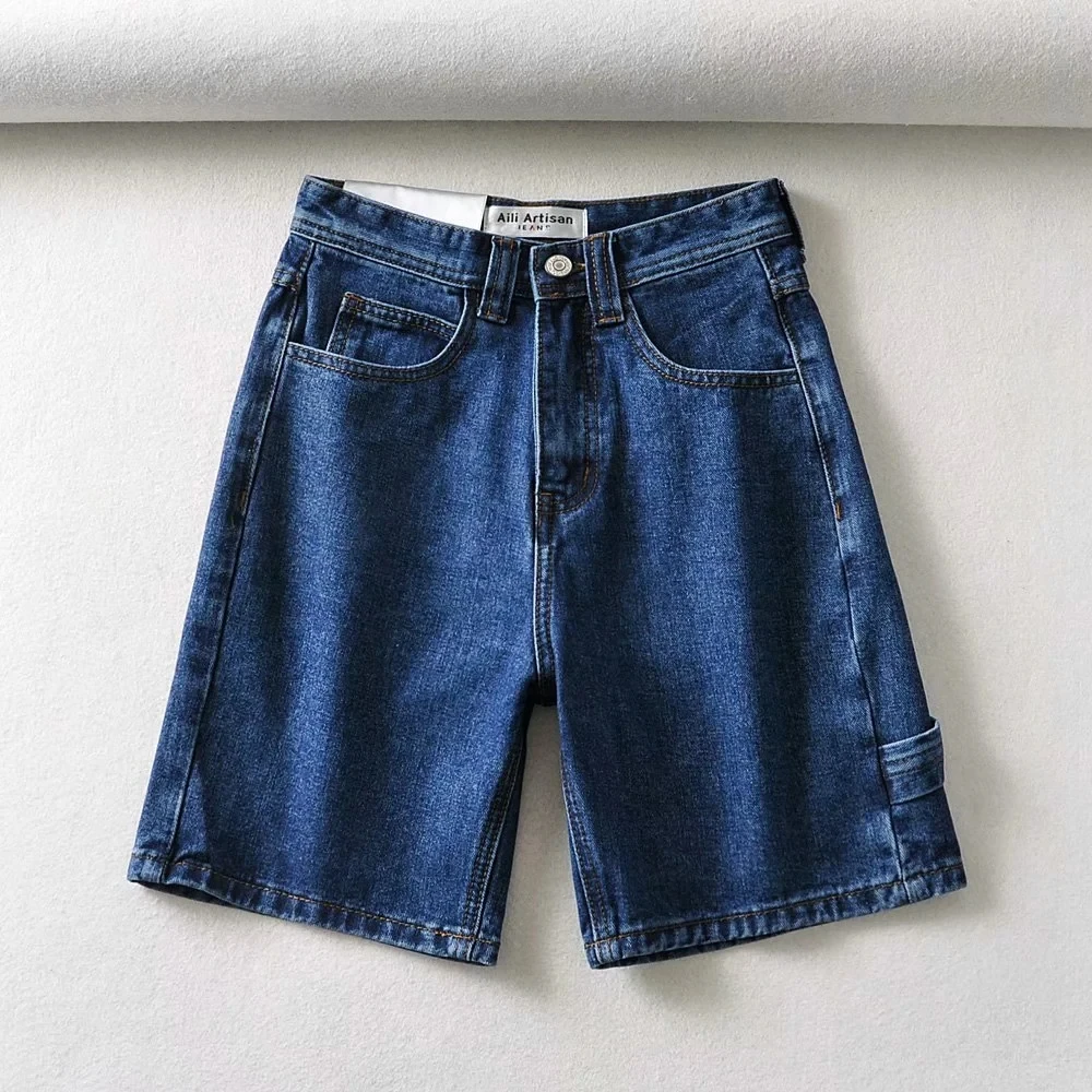 

Withered 2020 summer denim shorts women england high street loose cargo high waist denim mom shorts feminino bermuda women short