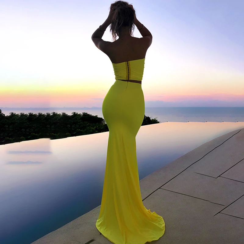 Dressmecb, элегантный комплект из двух предметов, с бантом, без бретелек, укороченный топ и макси юбки, бодикон, сексуальный комплект из 2 предметов, Womne, летняя одежда