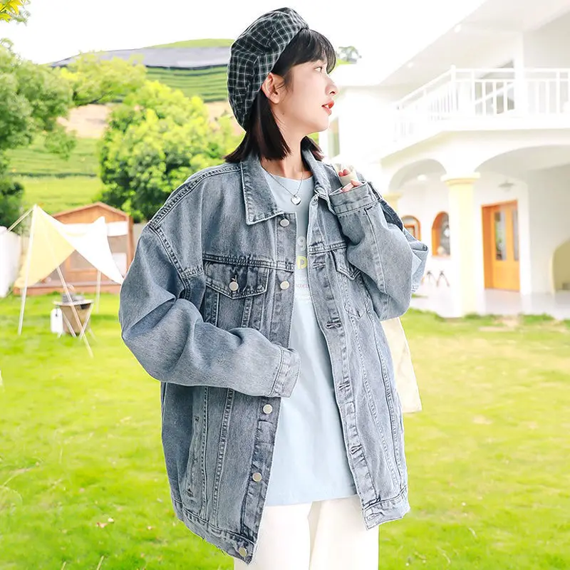 

Woman New Solid Jean Denim Jacket Female Oversized Coat Autumn Winter Casual Ladies Big Pocket Single Breasted Outwear Tops A29