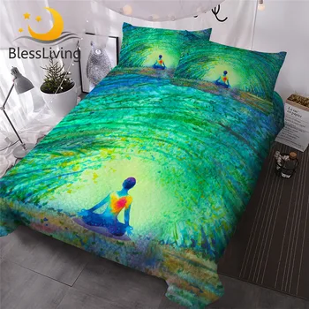 BlessLiving Chakra Bedding Set Zen Theme Bed Cover Lotus Yoga Pose Bed Set King Watercolor Bedspreads Green Bedlinen Dropship 1