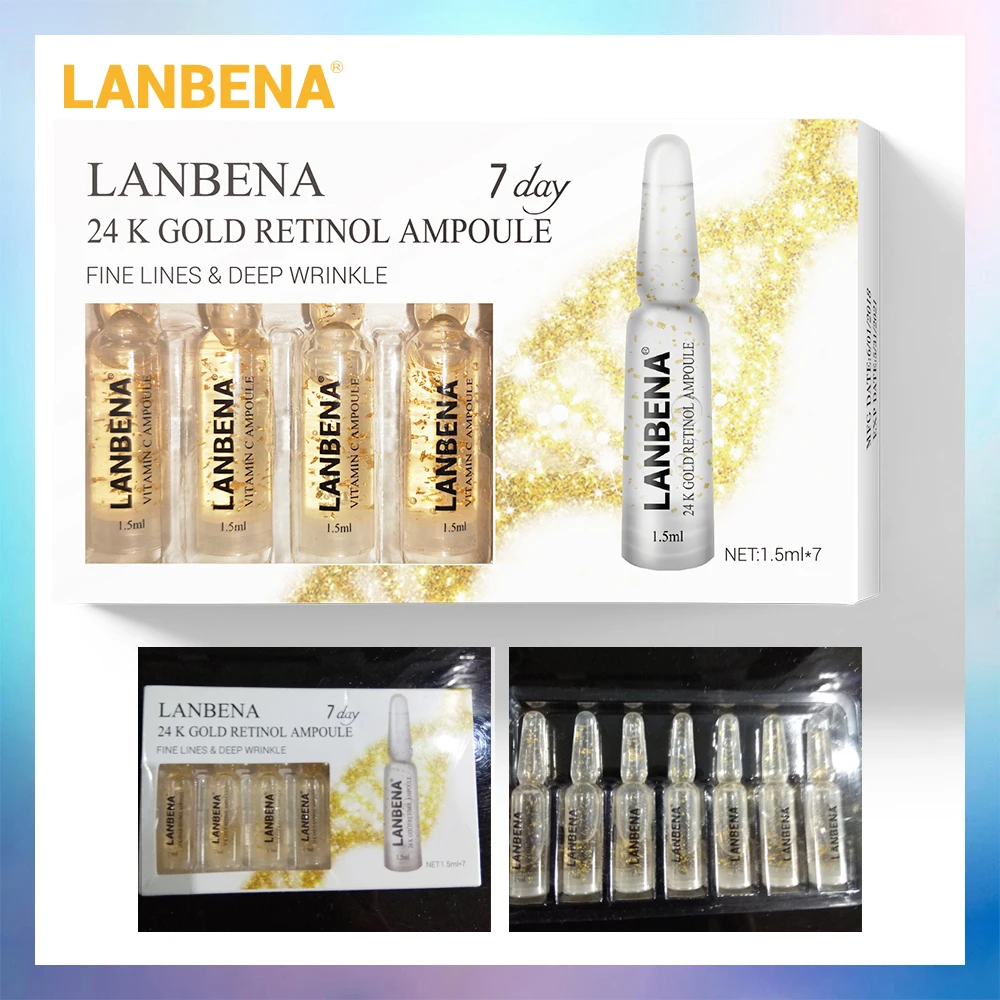 LANBENA с покрытыем цвета чистого 24 каратного золота ретинол ампулы Сыворотки анти-старения, морщин, лифтинг укрепляющий крем против мимических морщин увлажняющий питательный крем в течение 7 дней
