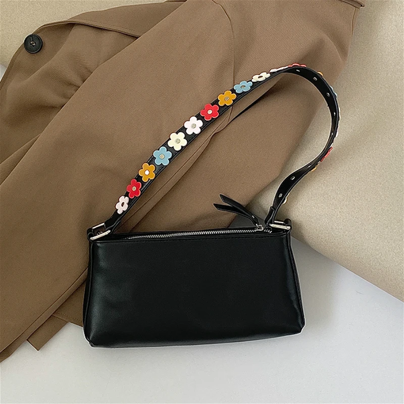

Girls Cute Flower Strap Shoulder Bag Fashion PU Leather Women Underarm Bags Vintage Design Ladies Purse Handbags Phone Pouch