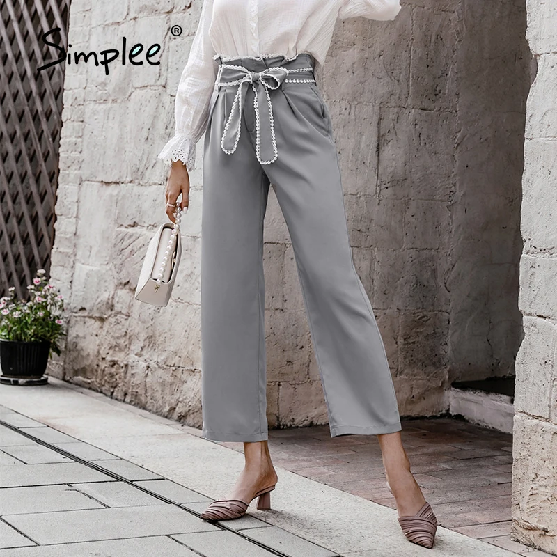 

Simplee Office lady ruffle belt suit pants autumn Casual elastic soft long straight pants Loose solid pocket ladies bottoms 2021