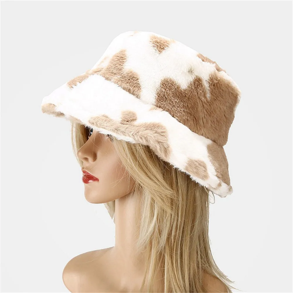 

New Winter Cow Print Bucket Hats For Women Tourism Outdoor Warm Hat Fisherman Cap Lady Fashion Present
