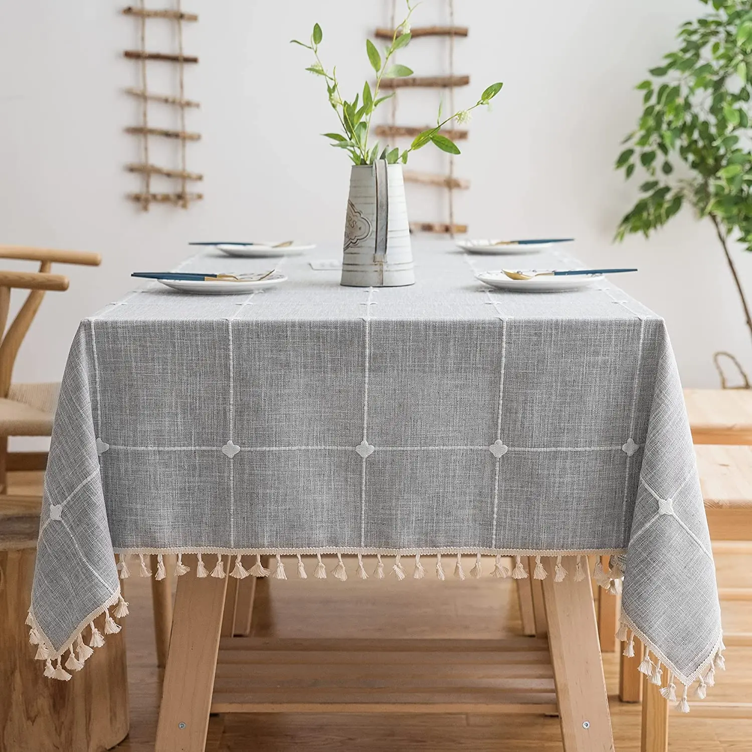 

Solid Embroidery Lattice Tablecloth Cotton Linen Dust-Proof Checkered Table Cover for Kitchen Dinning Tabletop Decoration