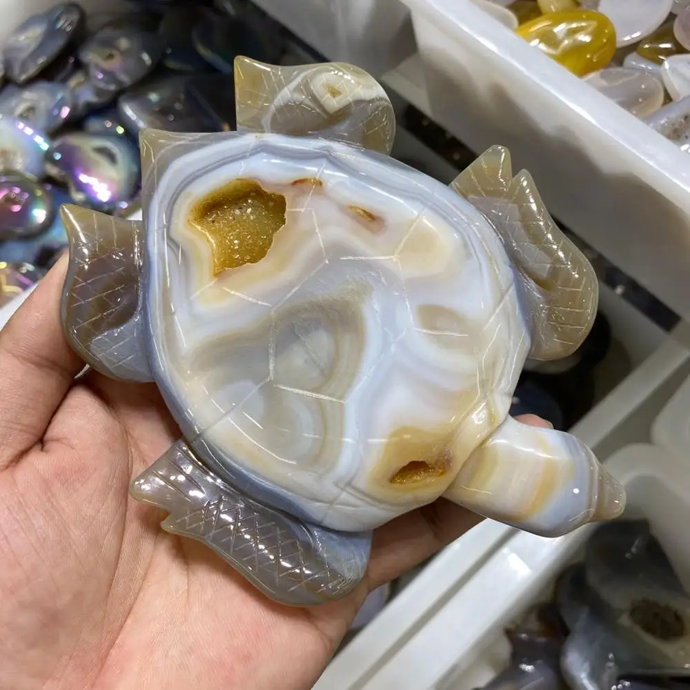 

High Quality Natural Agate Geode Stone Tortoise Carvings Rock crystal Turtle Figurine For Decoration Reiki Healing