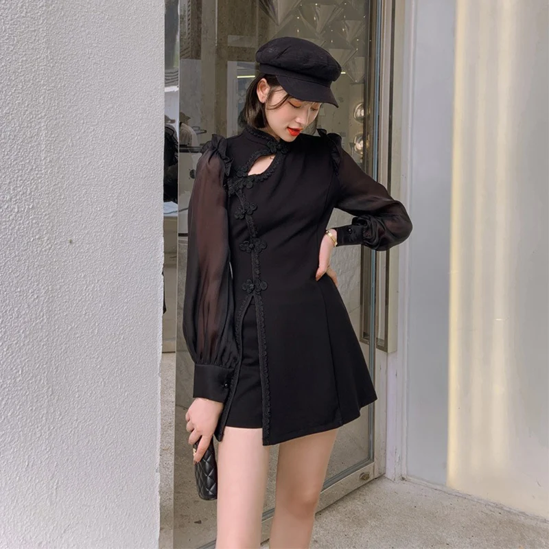 

2021Spring OL Short Vestidos Female Retro Office Casual Jumpsuit Improved Cheongsam Two-Piece Sexy Mini Suit